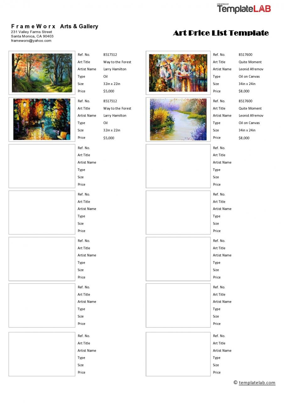 Modèle de liste de prix d'art gratuit