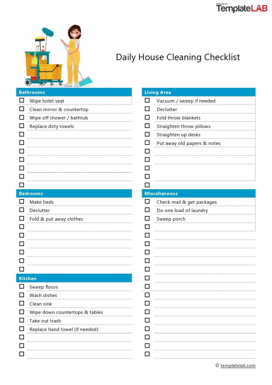 Liste de contrôle gratuite pour le nettoyage quotidien de la maison - TemplateLab
