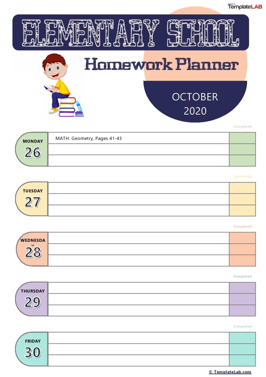 Modèle gratuit de planificateur de devoirs pour l'école primaire - TemplateLab.com