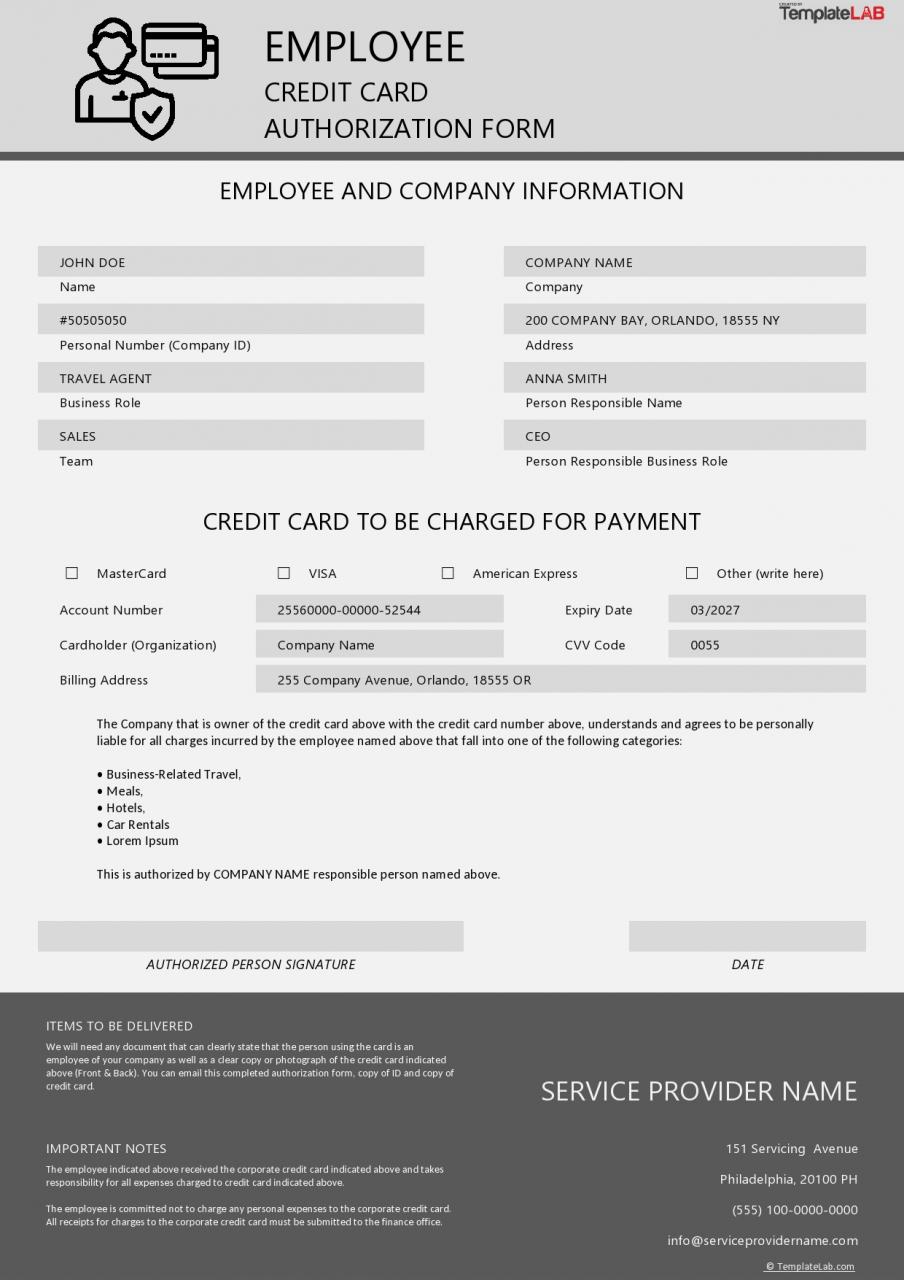 Formulaire d'autorisation de carte de crédit d'employé gratuit - TemplateLab.com