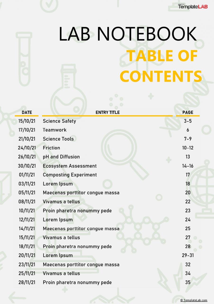 Table des matières du cahier de laboratoire gratuit