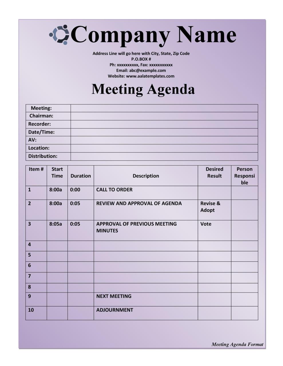 Modèle d'ordre du jour de réunion gratuit 20