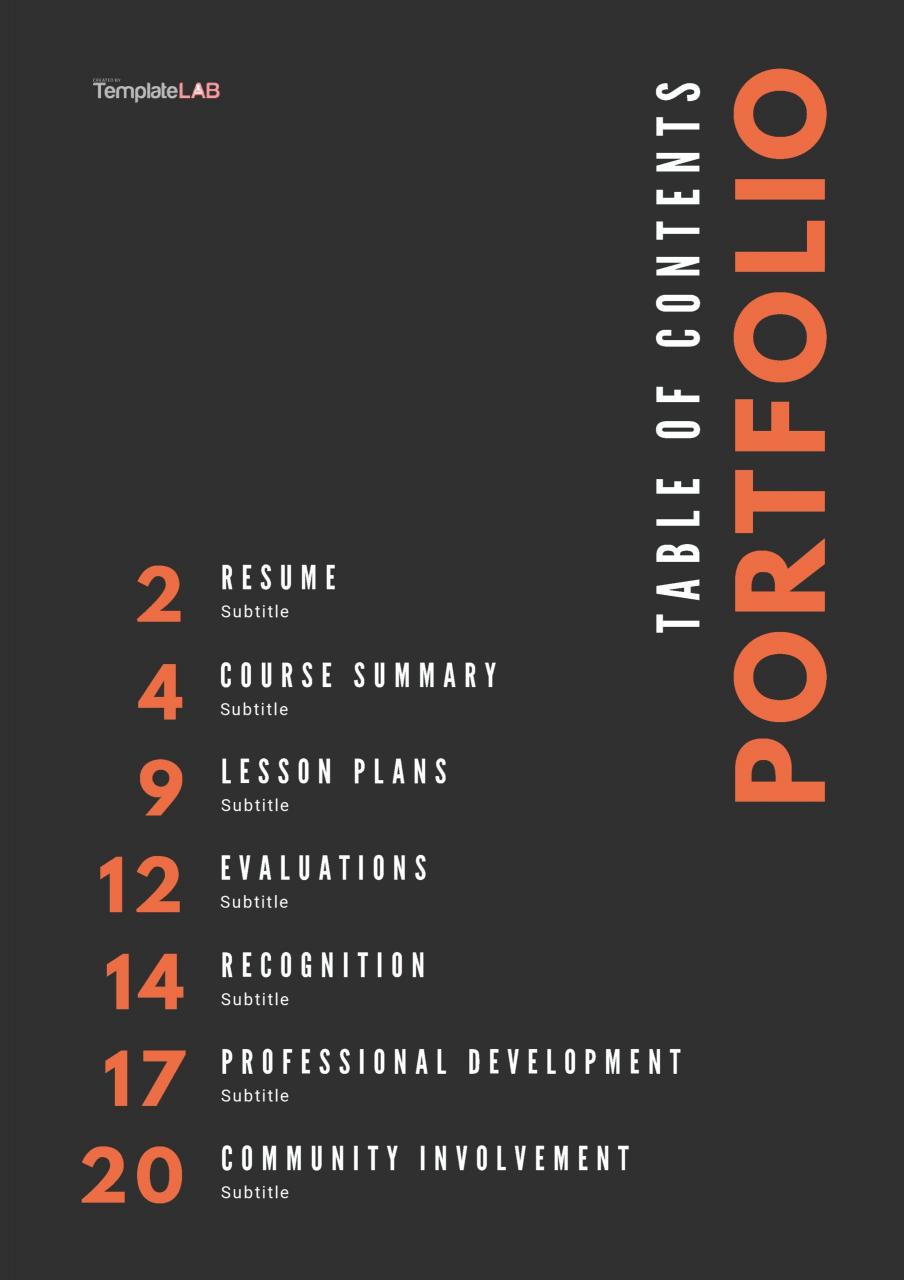 Modèle de table des matières de portfolio gratuit
