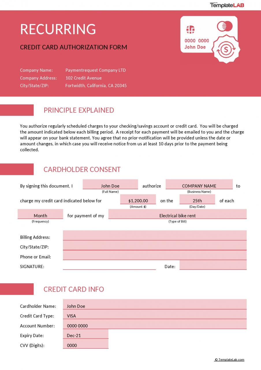 Formulaire d'autorisation de carte de crédit récurrente gratuite - TemplateLab.com