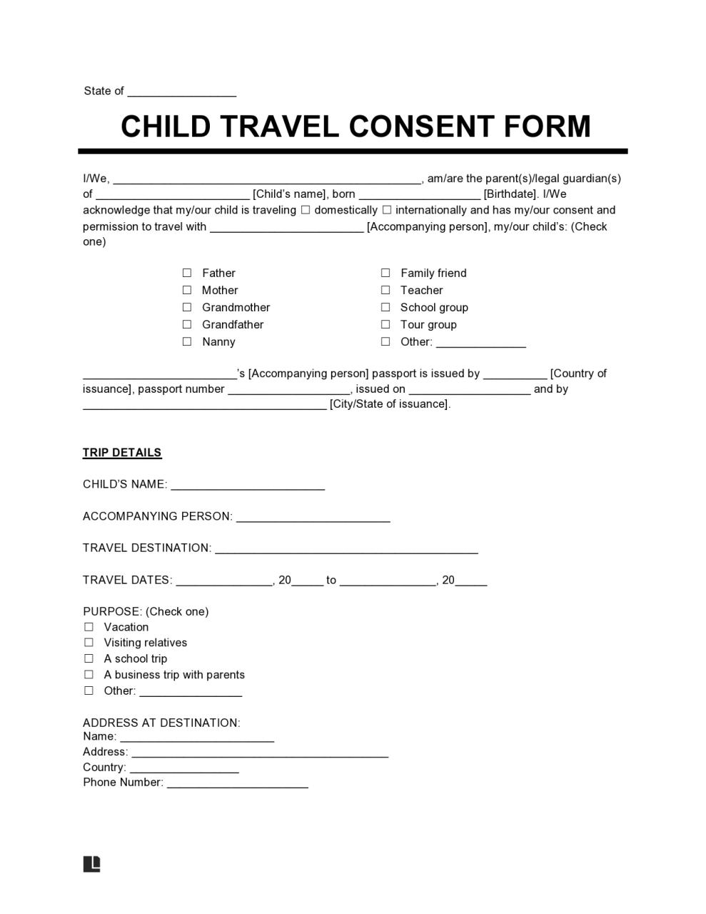 Formulaire 42 de consentement au voyage gratuit pour les enfants