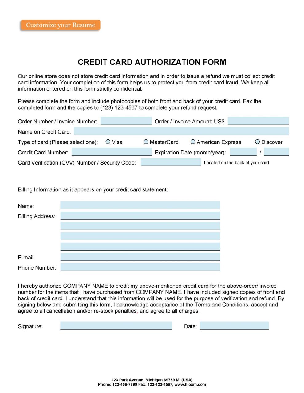 Modèle de formulaire d'autorisation de carte de crédit gratuit 20