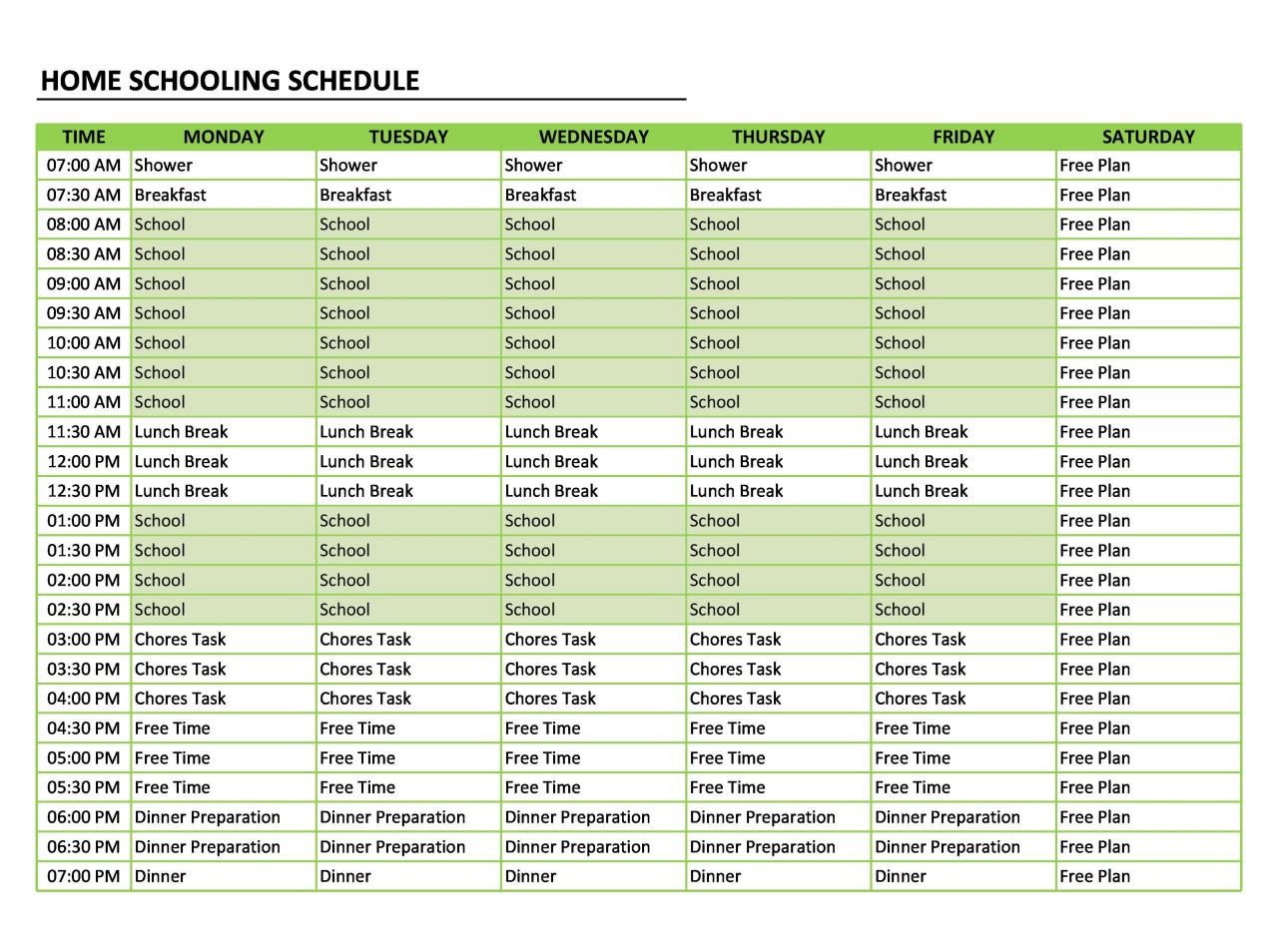 Modèle gratuit d'horaire d'école à la maison 12