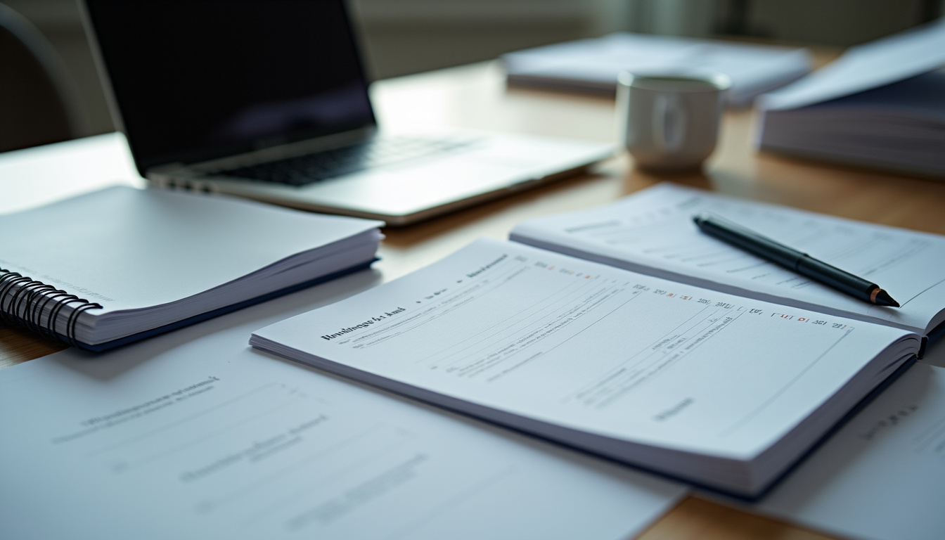 Bureau en désordre avec des feuilles éparpillées, un ordinateur allumé et un agenda ouvert sur une page non planifiée