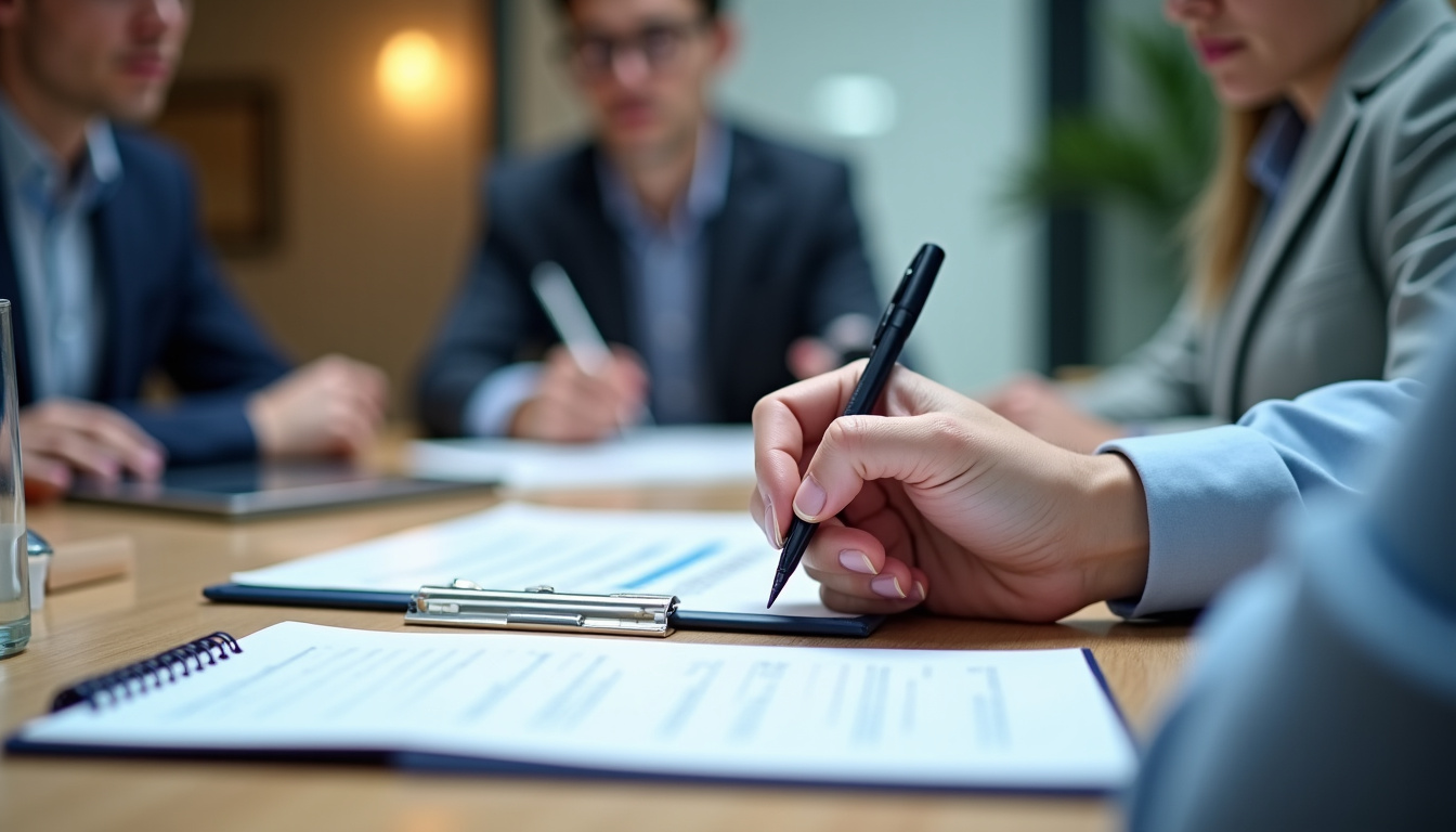 Collaborateur en réunion, prenant des notes avec sérieux et concentration