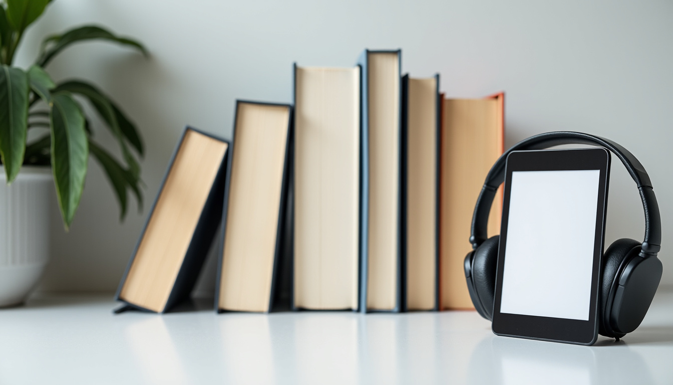 Collection de livres imprimés, e-books et casque audio symbolisant l