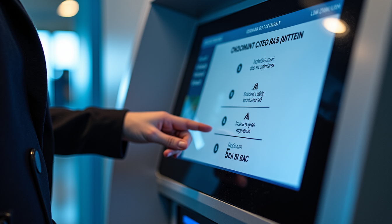 Dépôt d’espèces dans un automate bancaire moderne, avec un écran indiquant les étapes de vérification