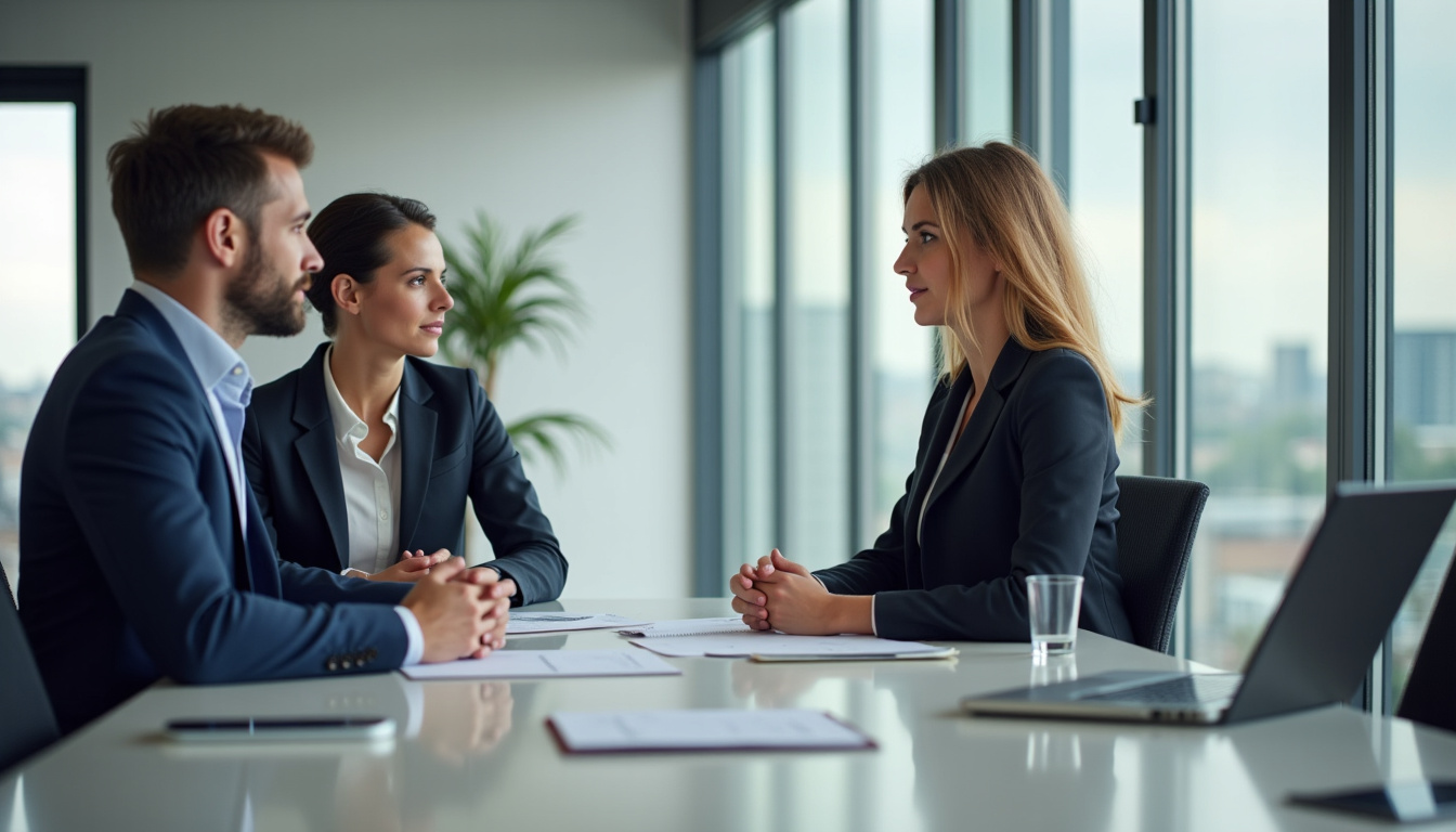 Deux collaborateurs discutant sérieusement lors d’un entretien professionnel dans un bureau moderne