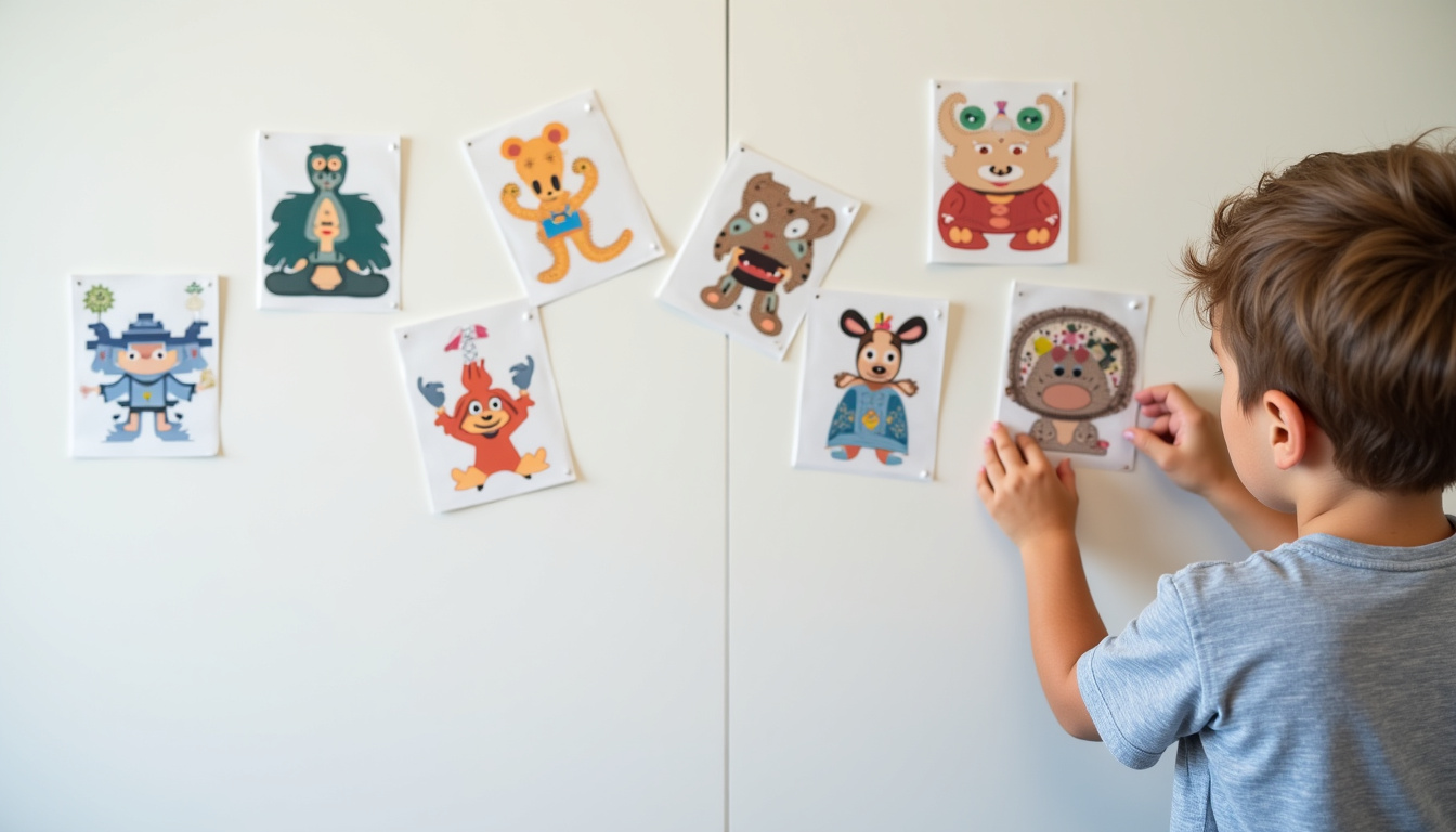 Enfant participant à la création de son tableau de tâches avec des images autocollantes