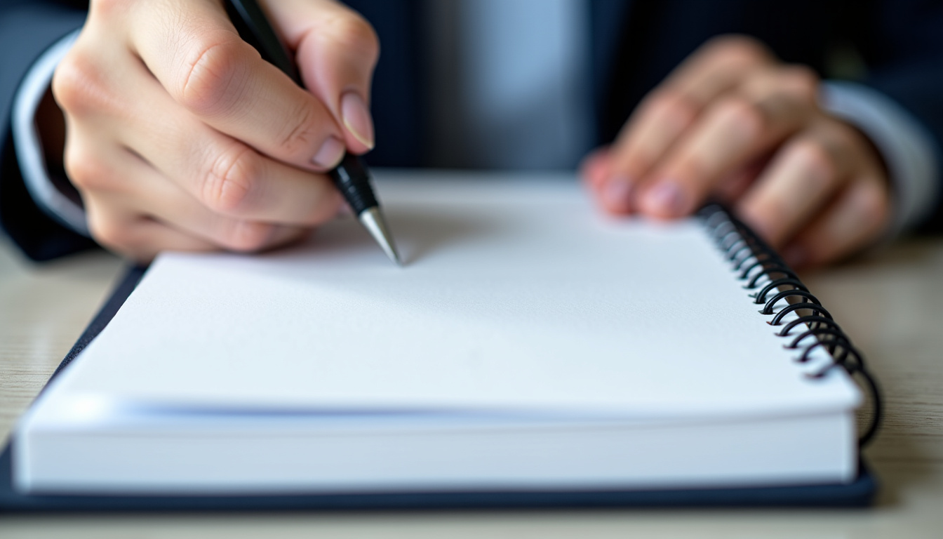Personne en train de noter ses réalisations professionnelles sur un carnet ouvert