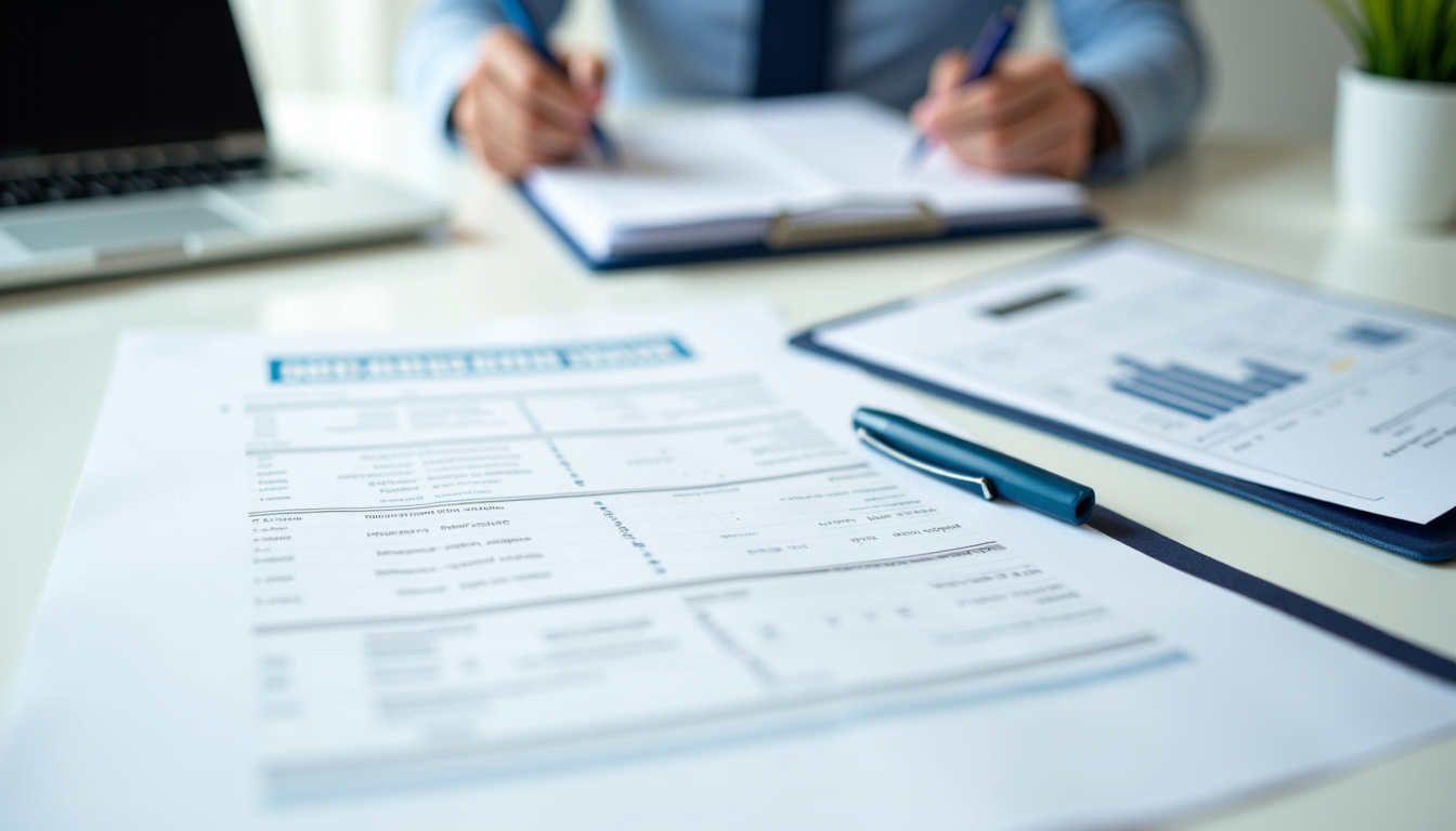 Photographie de documents financiers et dossiers bancaires ouverts sur une table