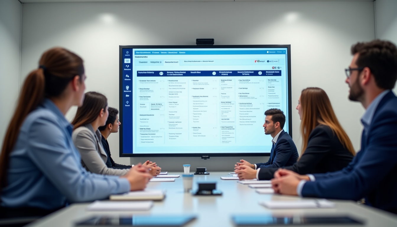 Réunion d’équipe autour d’un écran affichant le planning de travail hebdomadaire