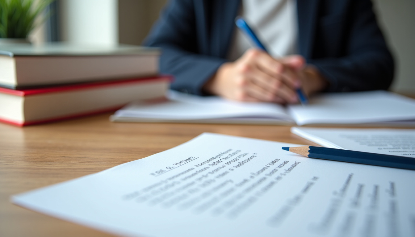 Un étudiant relit attentivement sa déclaration d’intention, entouré de livres et de notes