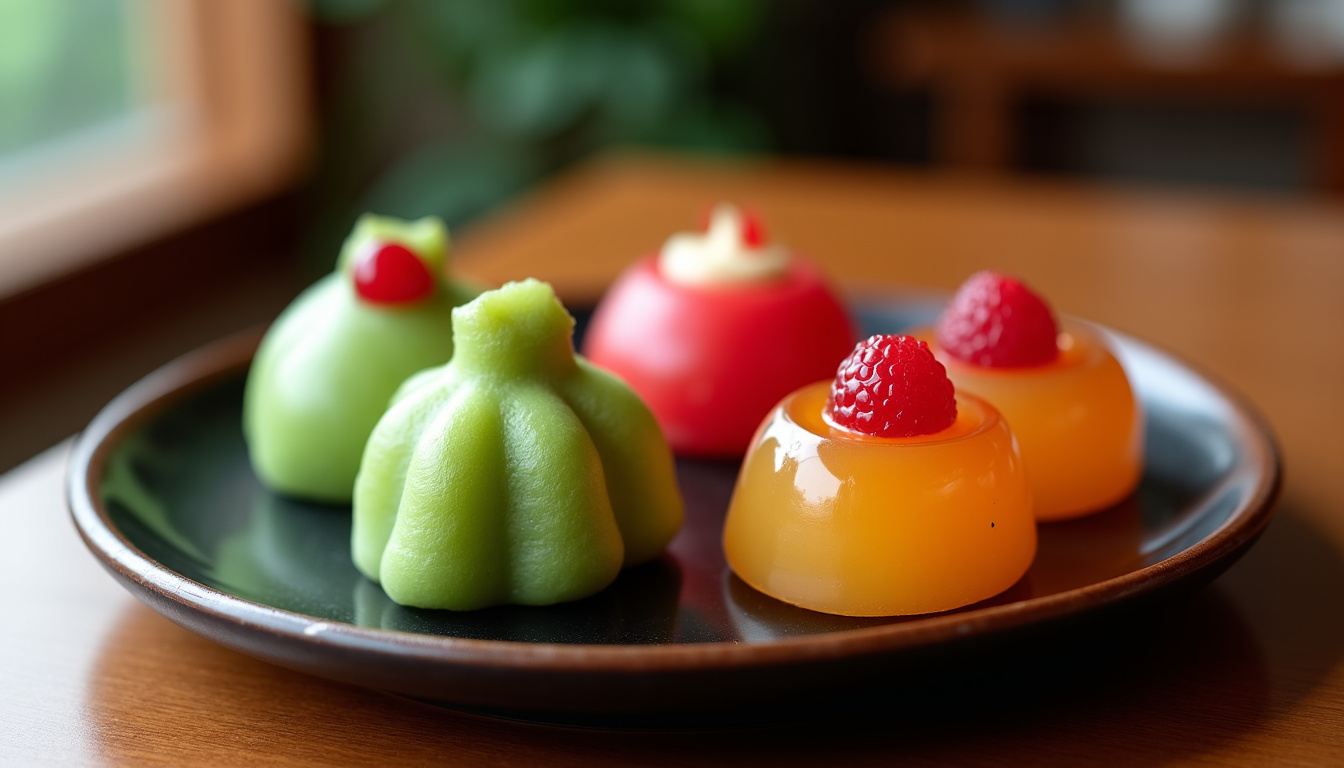 Assiette de desserts japonais maison au CosMos Restaurant: mochi au matcha, dorayaki et yōkan à la framboise