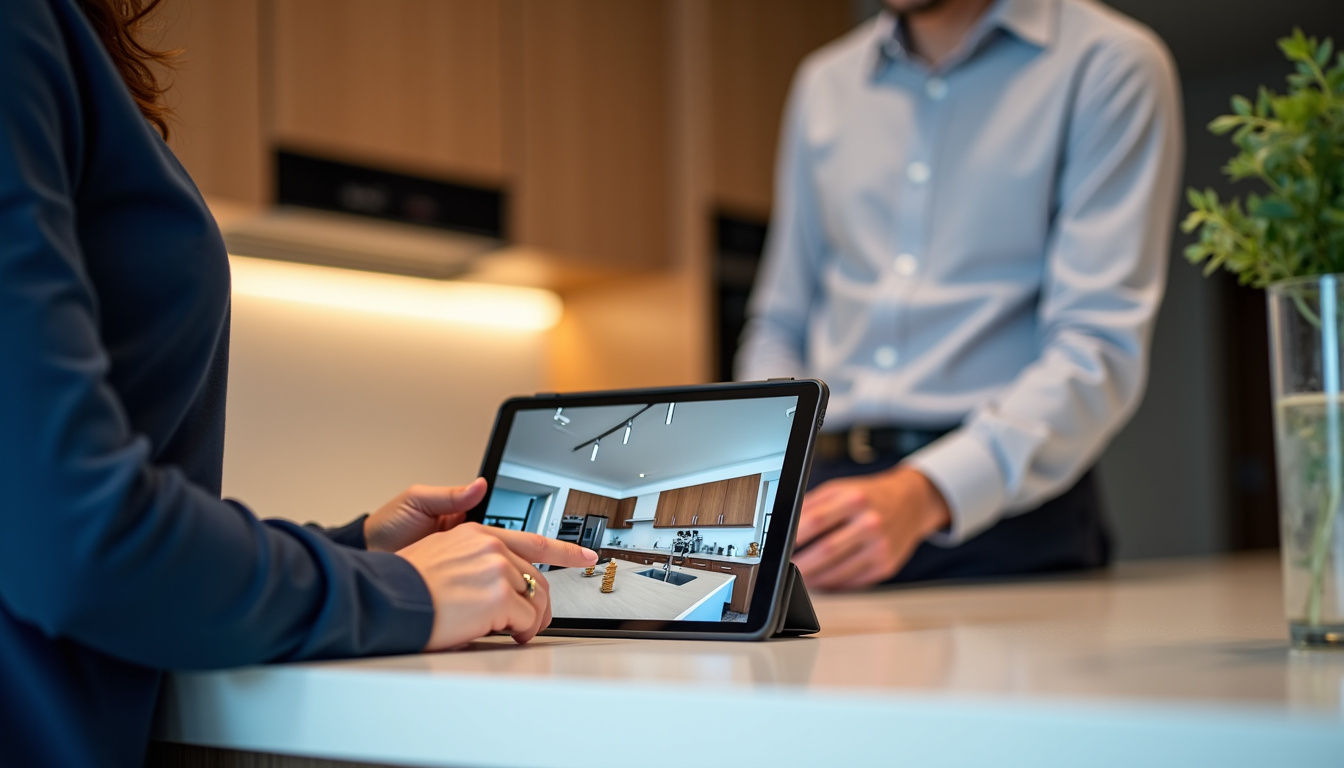 Kitchener présentant un plan 3D de cuisine à un client en magasin