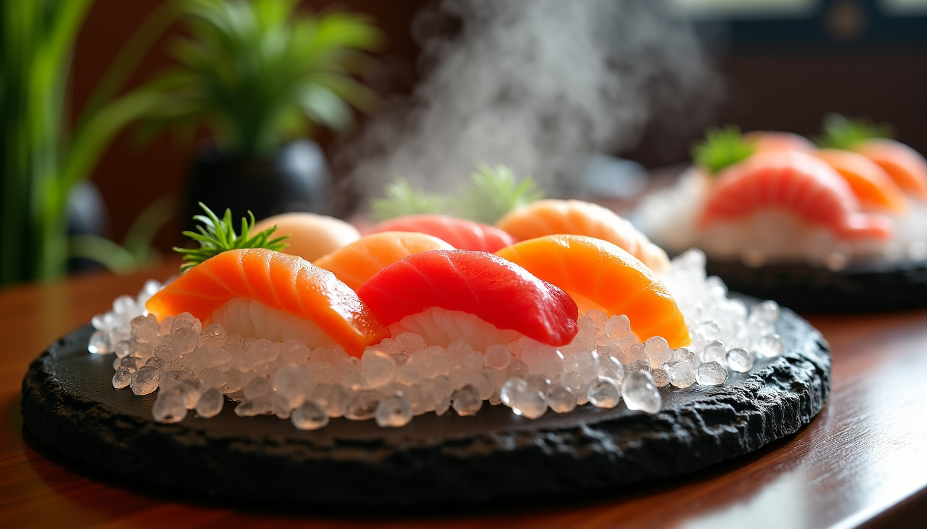 Station sushi du CosMos Restaurant avec nigiris, makis et sashimis disposés sur glace