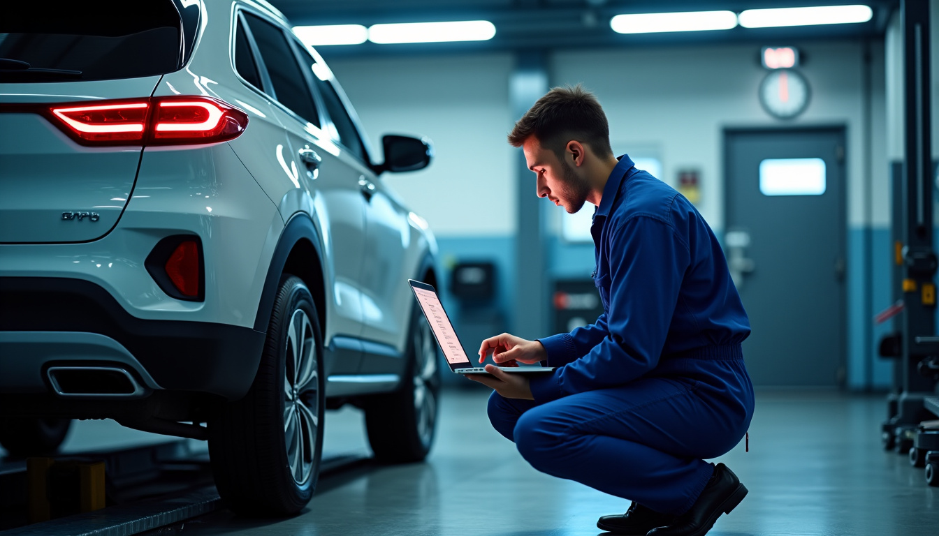 Technicien en train de diagnostiquer un véhicule Kia dans un centre de service, avec un ordinateur portable connecté au système embarqué