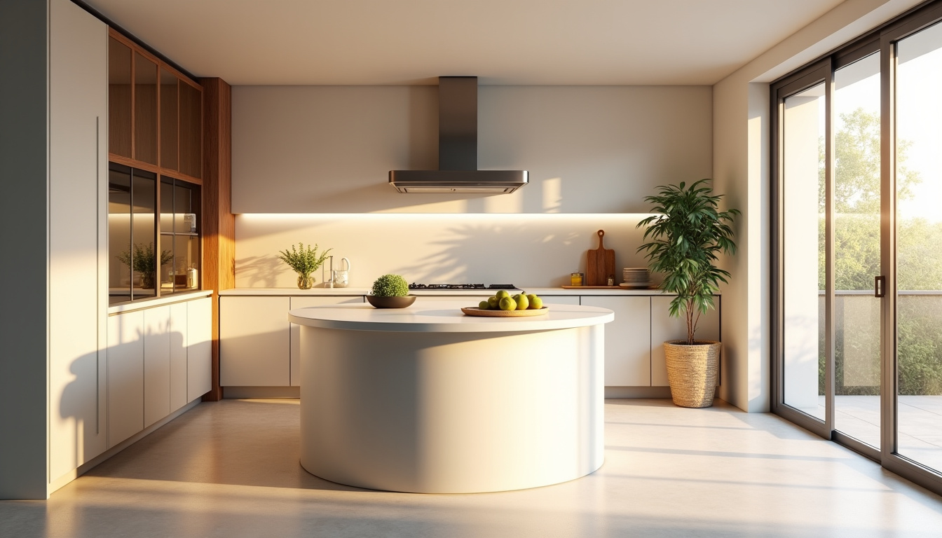 Aménagement de petite cuisine avec verrière coulissante et îlot rond