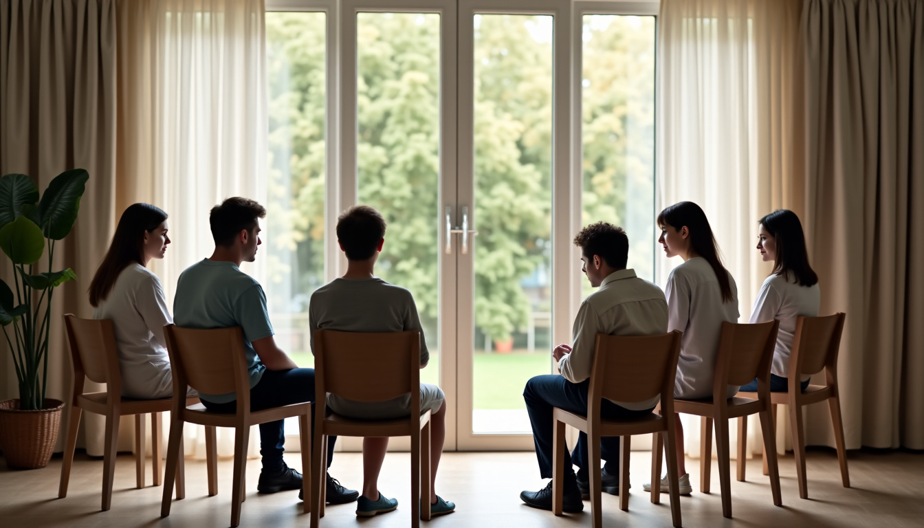 Atelier de parole animé par une psychologue en présence de plusieurs personnes endeuillées, ambiance calme et respectueuse