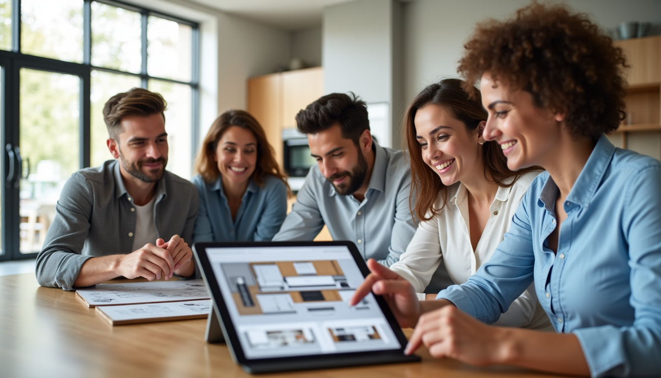 Équipe de conseillers So Cooc en réunion avec un couple de clients, présentant un plan de cuisine sur tablette