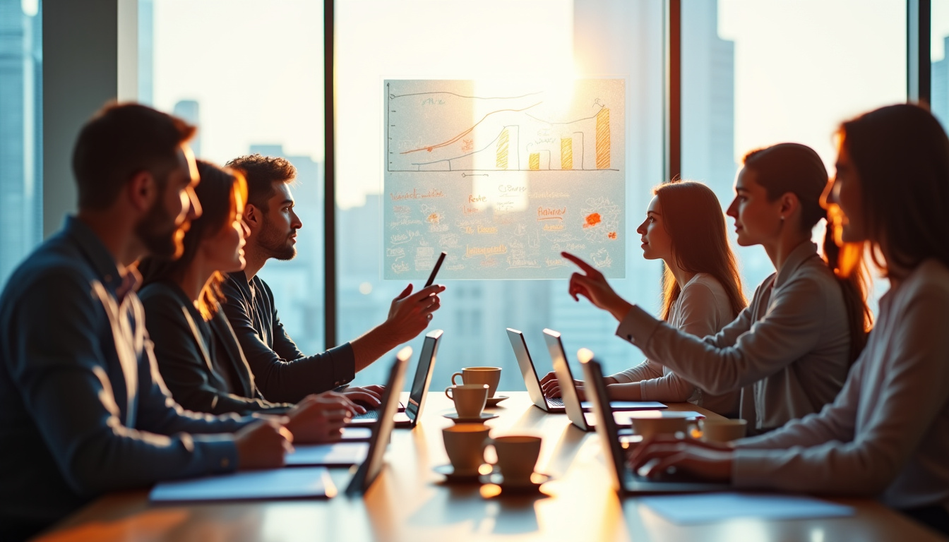 Équipe dirigeante en réunion de travail, analysant des indicateurs de performance