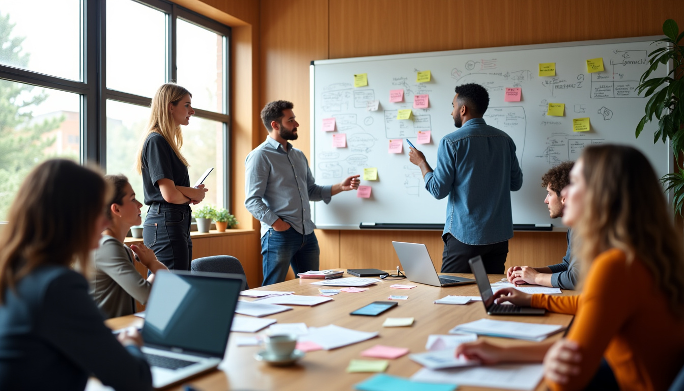 Équipe multidisciplinaire travaillant ensemble sur des tableaux blancs lors d