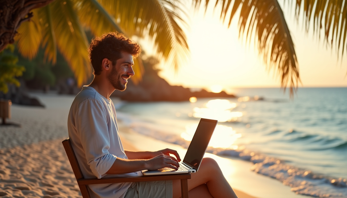 Fondateur souriant, détendu, travaillant depuis un lieu exotique grâce à une organisation bien huilée