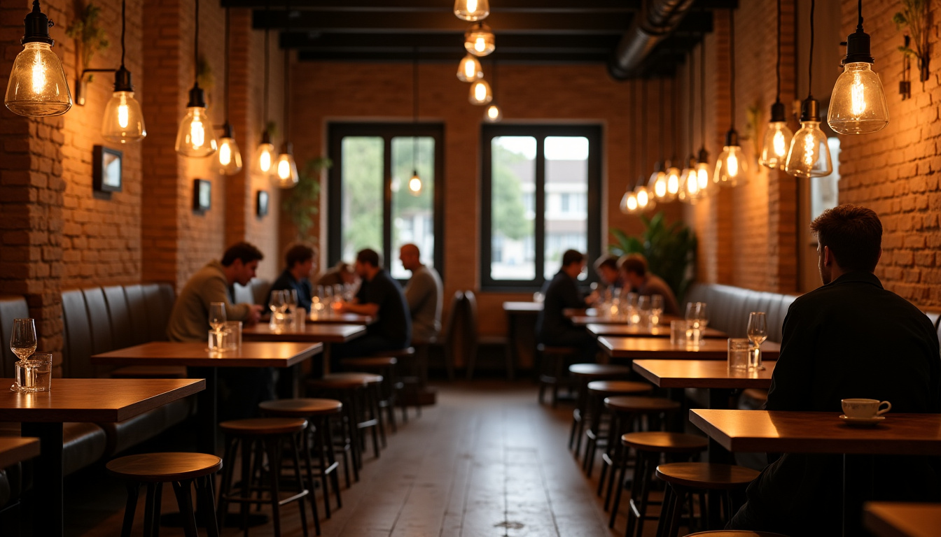 Intérieur de la salle principale de Gruppo Mimo à Rennes, ambiance chaleureuse avec tables en bois et lumière tamisée