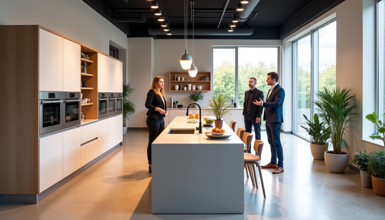 Intérieur du magasin So Cooc à Angers, montrant des cuisines exposées et des conseillers en discussion avec des clients